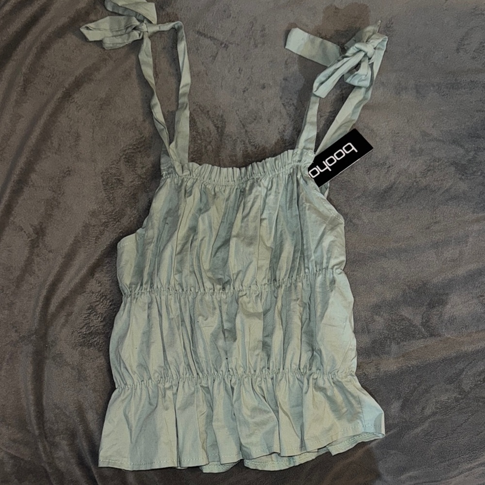 Light Green Sleeveless Smocked Camisole with Tie Front and Ruffles
